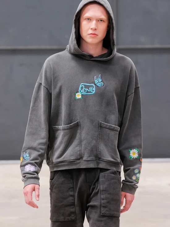 THE RAD BLACK KIDS Other - THE RAD BLACK Charcoal Crewneck Hoodie with Blue Butterfly & Daisy Embroidery